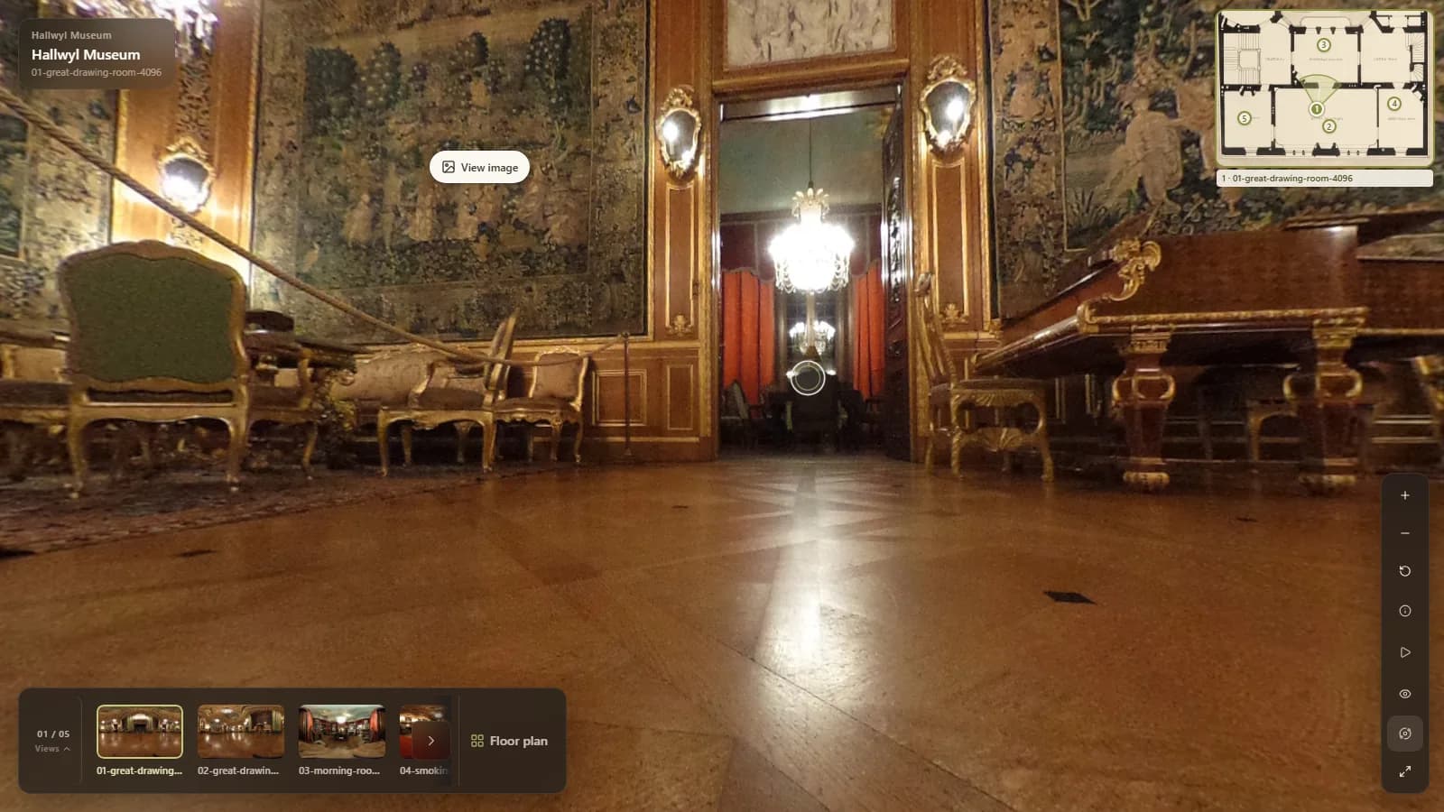 ArchWalk 360 Viewer capture of Hallwyl Museum, with scene navigation and a floor-plan minimap