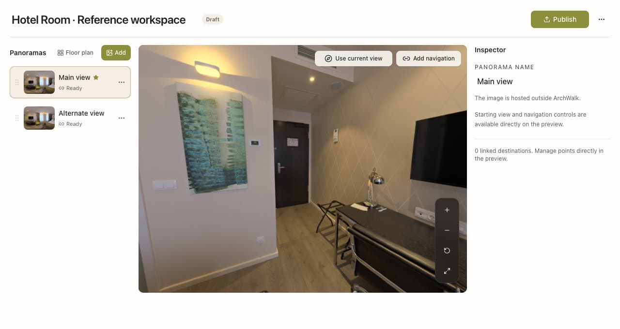 Real reference Creator showing panorama organization, a door-facing preview and Publish control