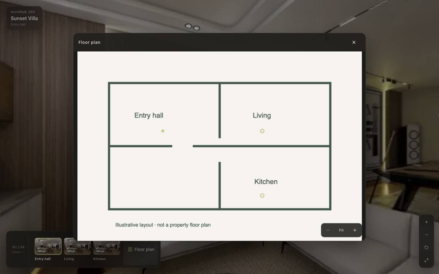 Real Viewer Floor plan interface with an explicitly illustrative orientation diagram
