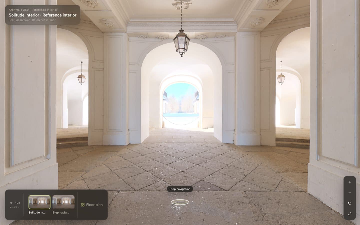 Real reference Viewer looking through a light-filled arcade, with Step navigation on the stone floor and visible Viewer controls