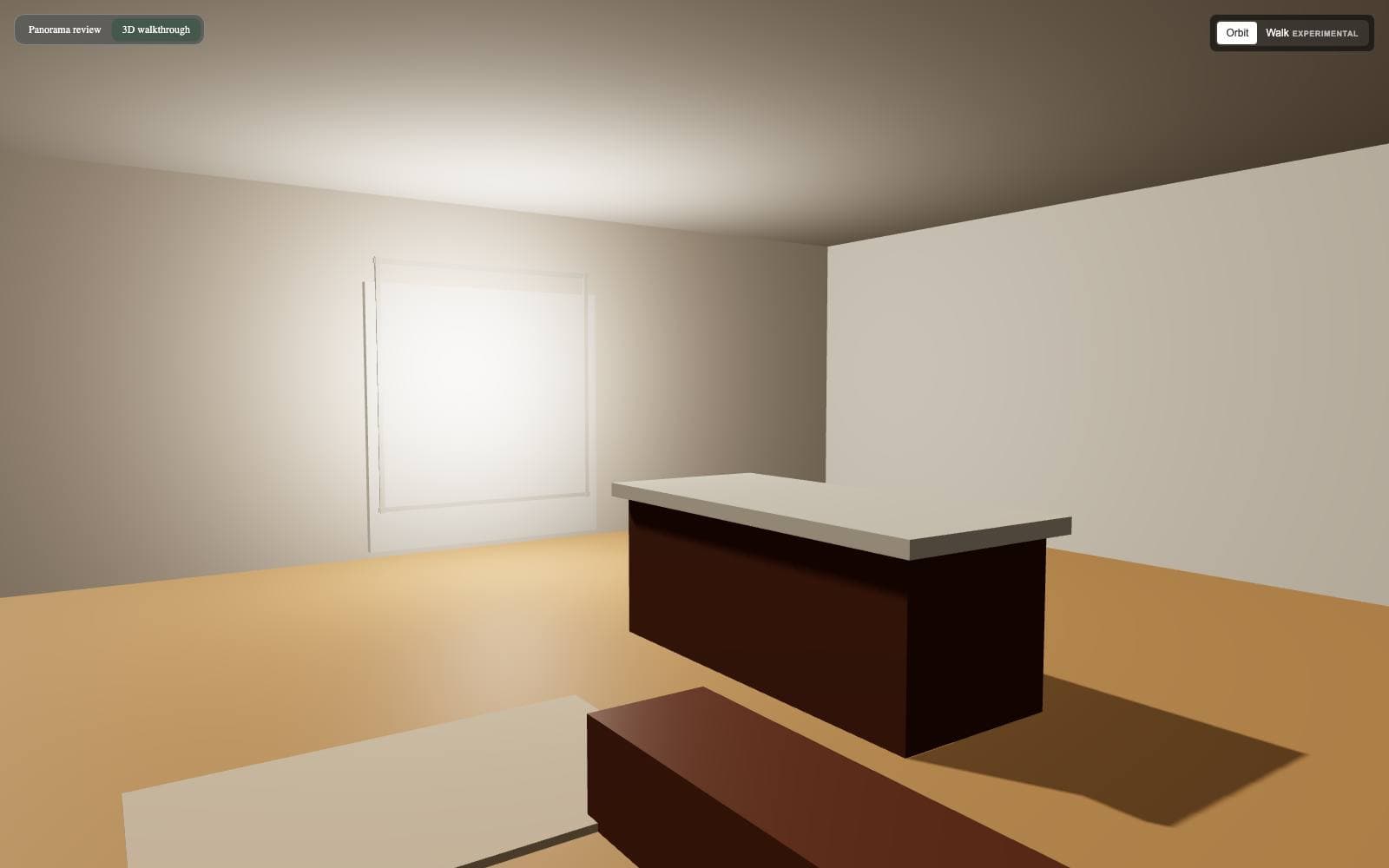 Existing ArchWalk browser-based 3D walkthrough of an architectural interior, previewing the future client-review direction