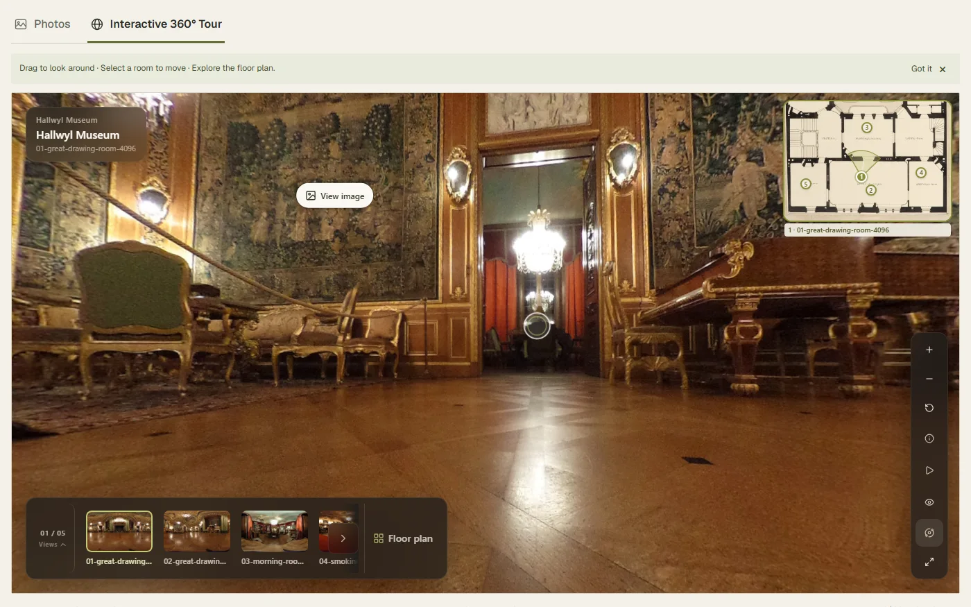 The Hallwyl Museum demonstration website displaying an embedded ArchWalk 360 Viewer