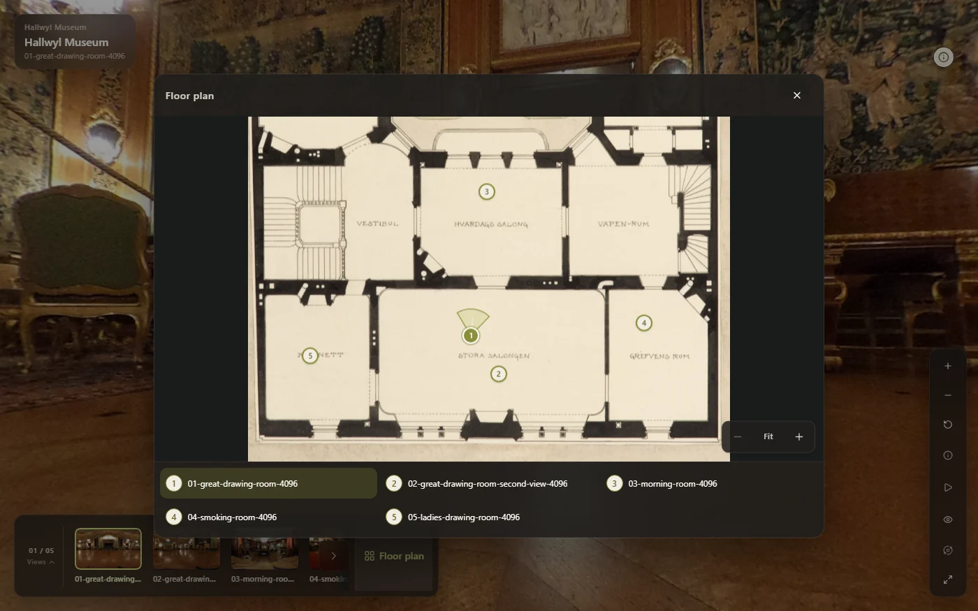 ArchWalk Viewer capture showing Hallwyl Museum floor-plan markers and its room guide