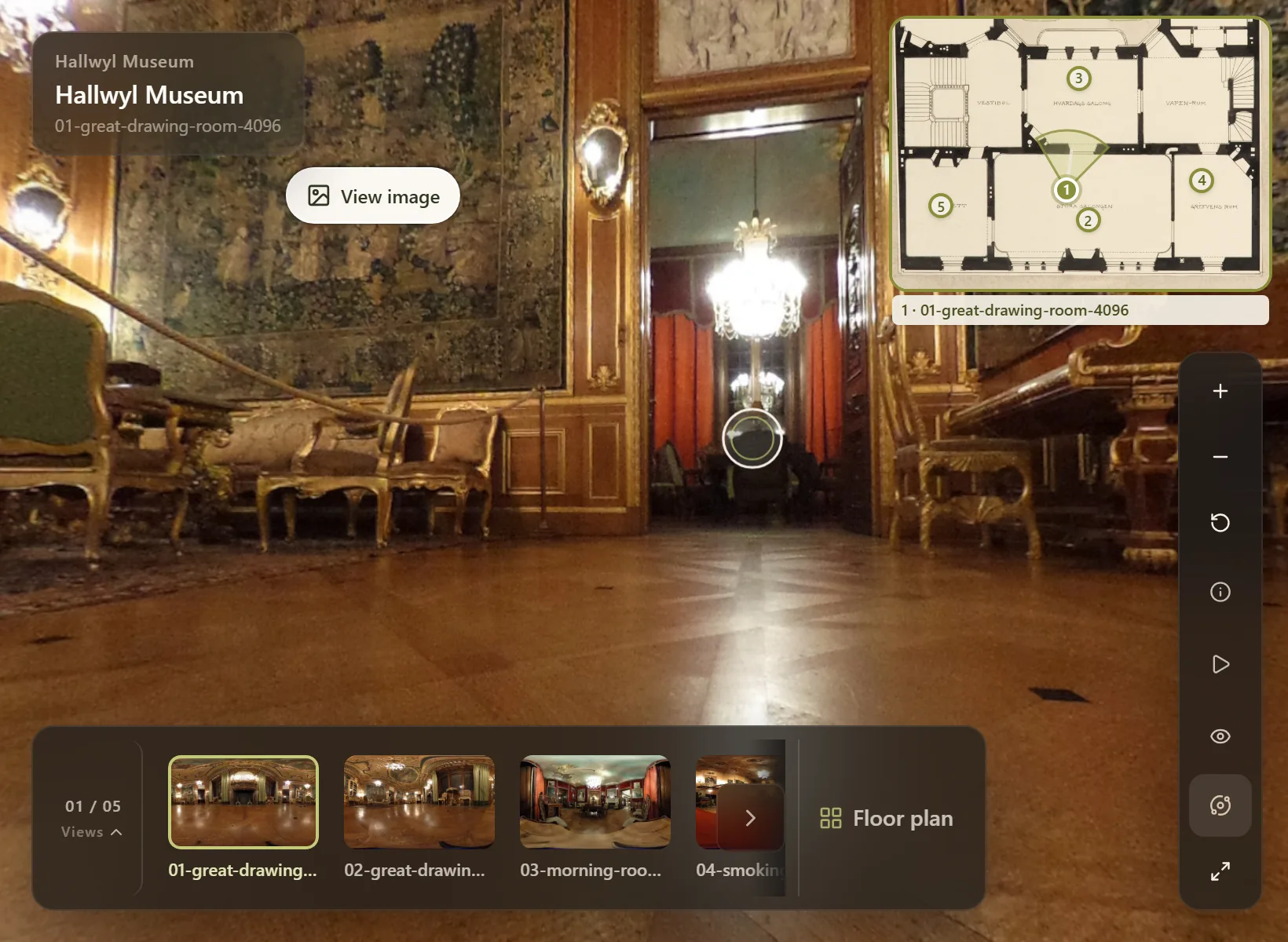 Published Hallwyl Museum Viewer in the Great Drawing Room, with scene thumbnails, floor-plan mini-map, right-hand controls and an artwork Info Point
